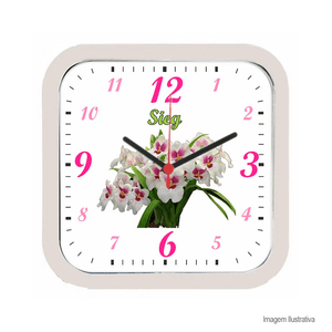Relógio de parede quadrado 25cm fundo orquídea branco - sieg